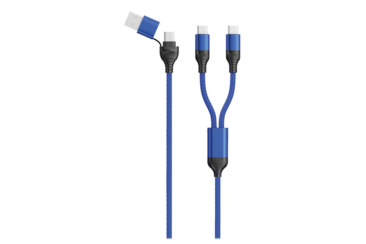 2GO USB / Type C Ladekabel DUO 2x USB-C Nylon 120cm blau